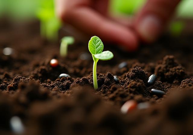 Rich organic soil with compost and seedlings