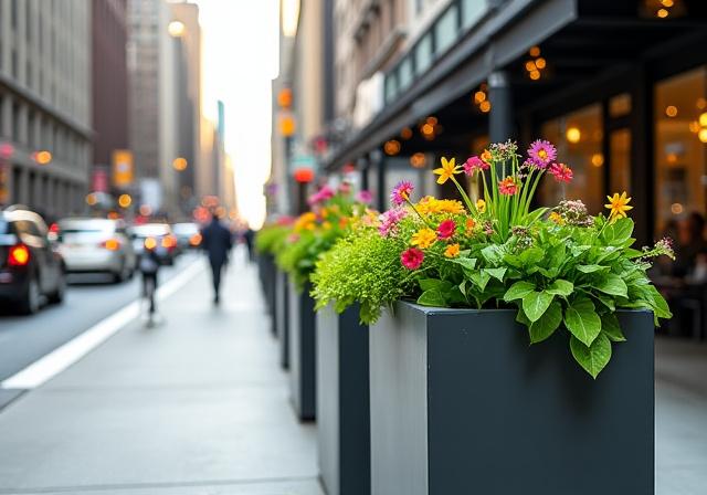 Commercial planter boxes with vibrant greenery in Midtown