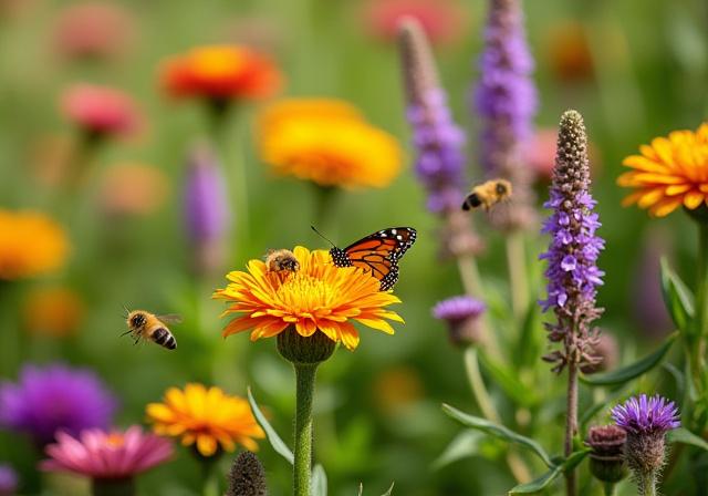 Vibrant native pollinator garden attracting bees
