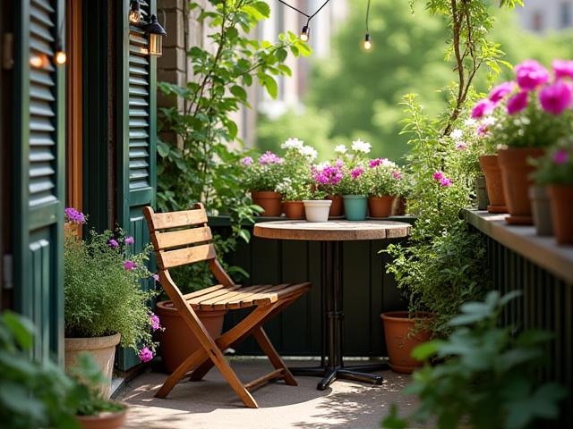 Charming small balcony garden with flowering plants
