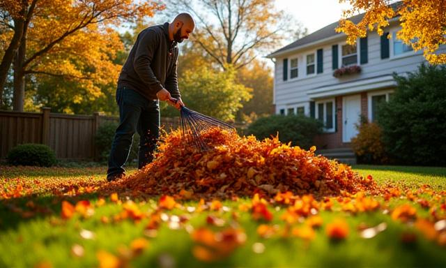 Autumn leaves being raked for removal