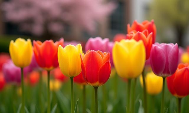 Bright tulips blooming in a Brooklyn garden during spring