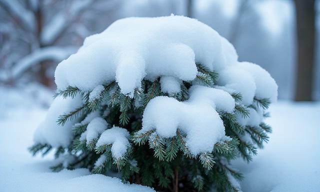 Evergreen shrub covered in fresh snow during winter