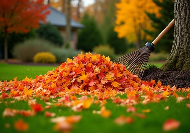 Autumn leaf cleanup in a residential garden
