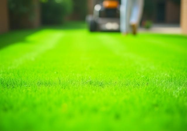 Precision lawn mowing in a green garden